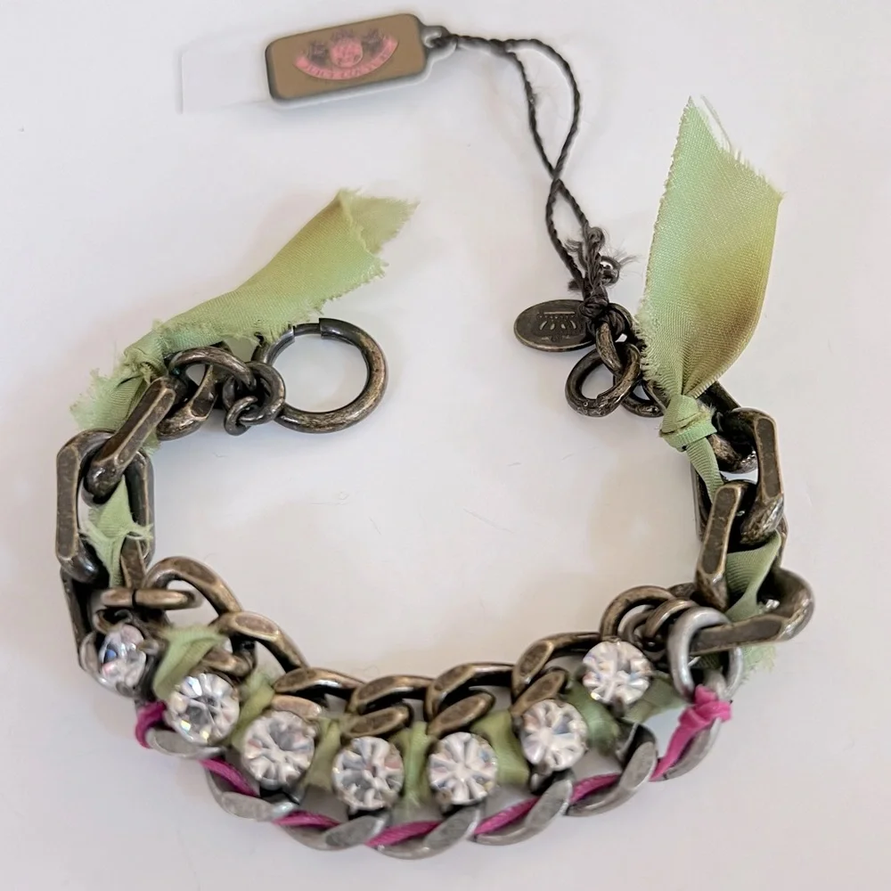 NWT Juicy Couture War of Love 2-Tone Chain Link Bracelet w/ Ribbon & Crystals